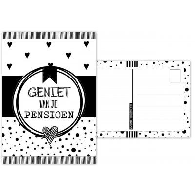 A6 kaart met tekst Geniet van je pensioen. zwart wit.